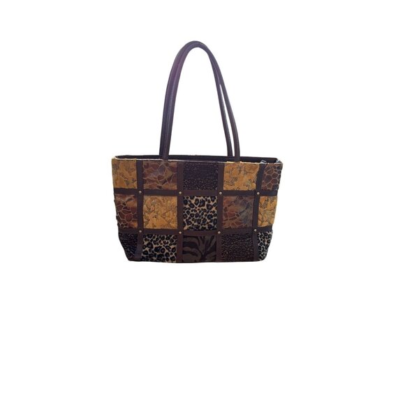 Bueno Handbags - Animal Patchwork Tote Bag 14" X 9" Brown Vegan Leather By Bueno With Dual Straps
